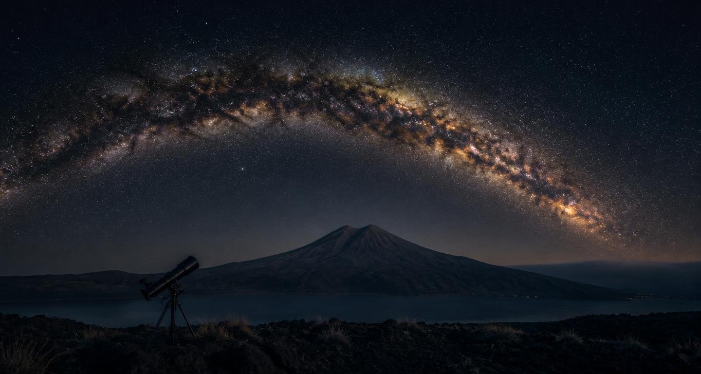 Milky Way galaxy arching over Mount Batur volcano in Bali at night